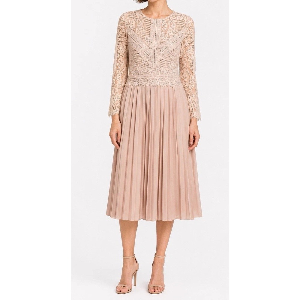 Zara Womens Midi Lace Pleated Beige Dress Size Large‎
